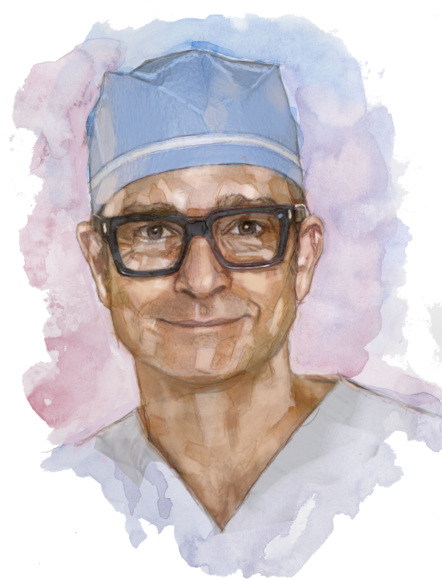 Watercolor portrait of Dr. Gustavo Oderich in surgical cap