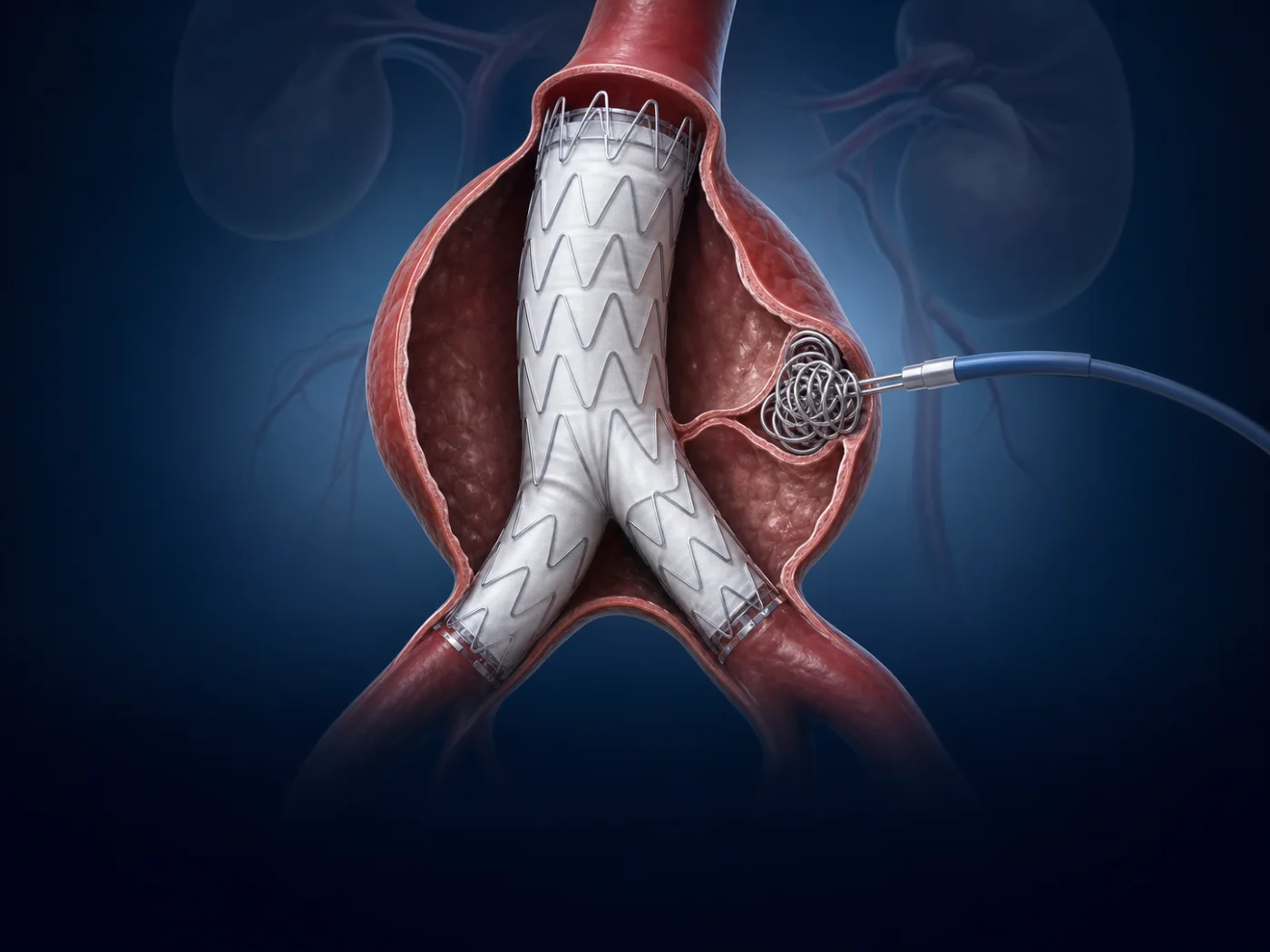 Catheter coils sealing an endoleak beside an aortic stent-graft