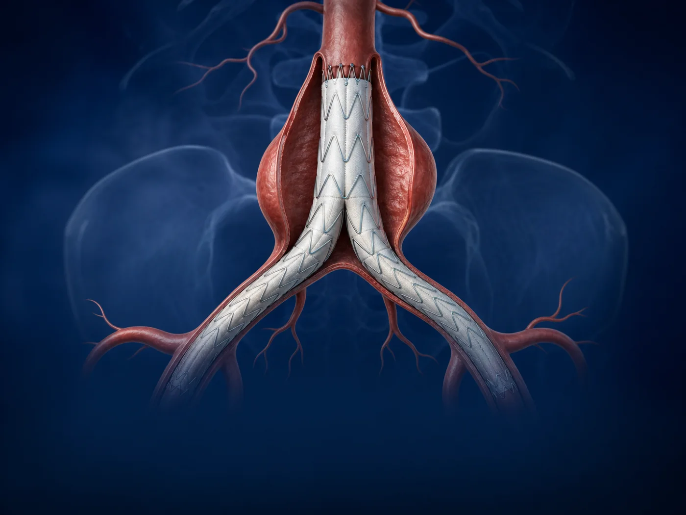 Endovascular stent-graft sealing an abdominal aortic aneurysm
