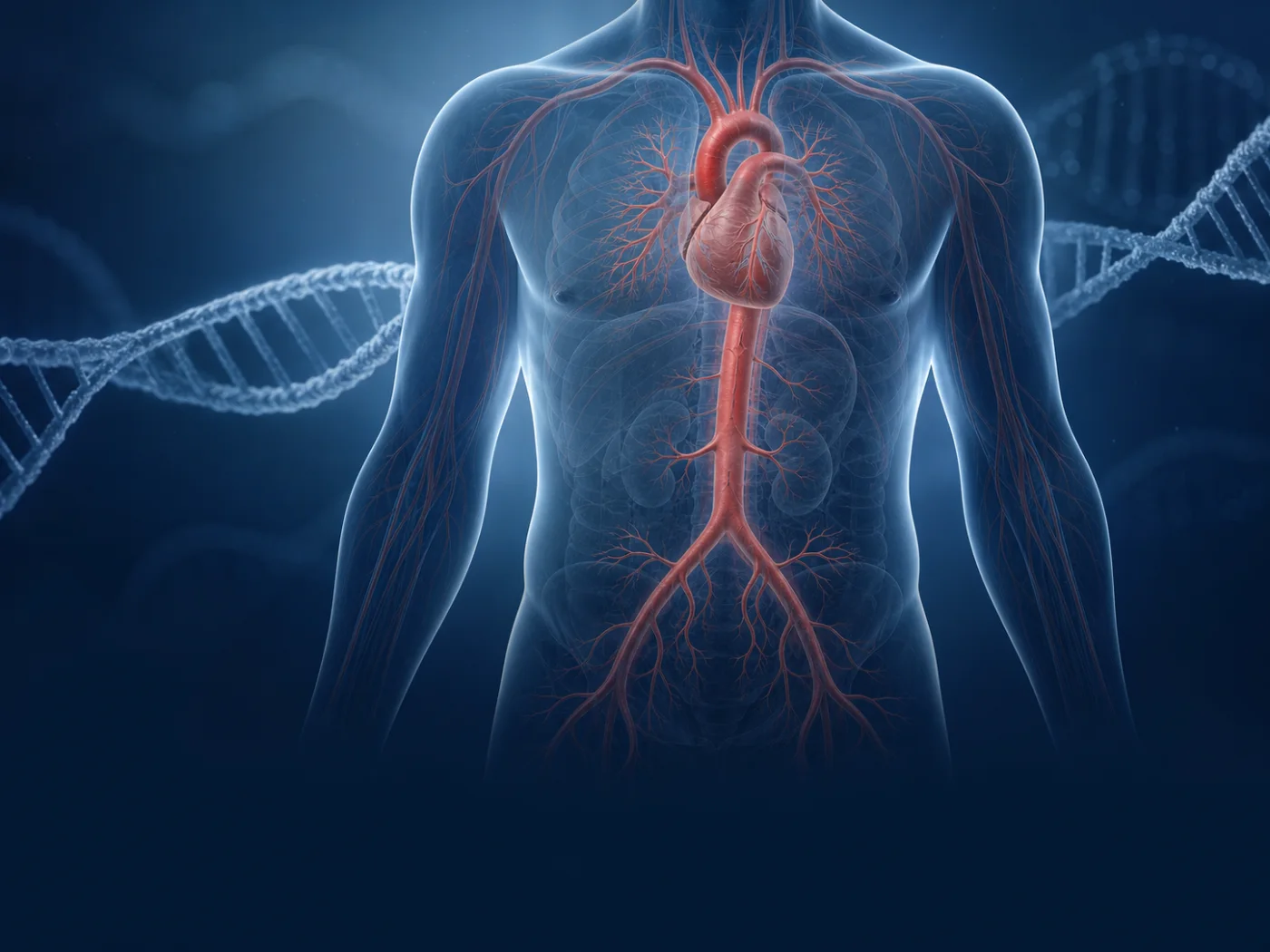 Full aorta and DNA motif representing genetically triggered aortic disease
