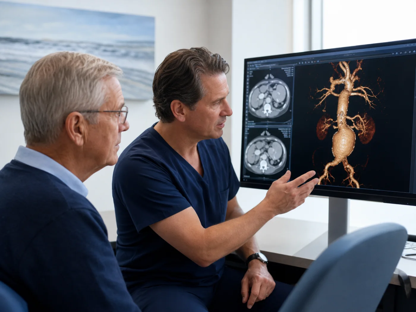 Patient reviewing follow-up aortic imaging with a vascular specialist