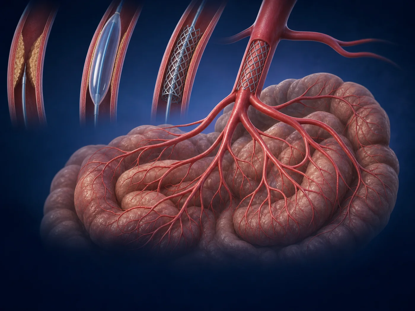 Angioplasty and stenting restoring blood flow to the intestines