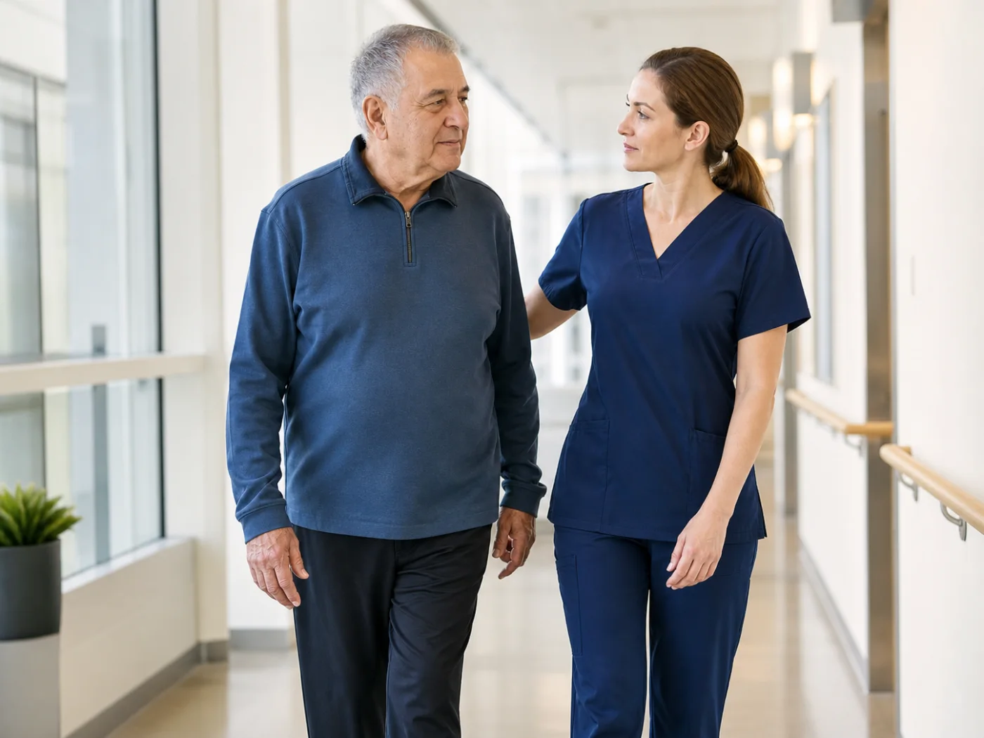 Patient walking with a clinician during recovery from open aortic surgery
