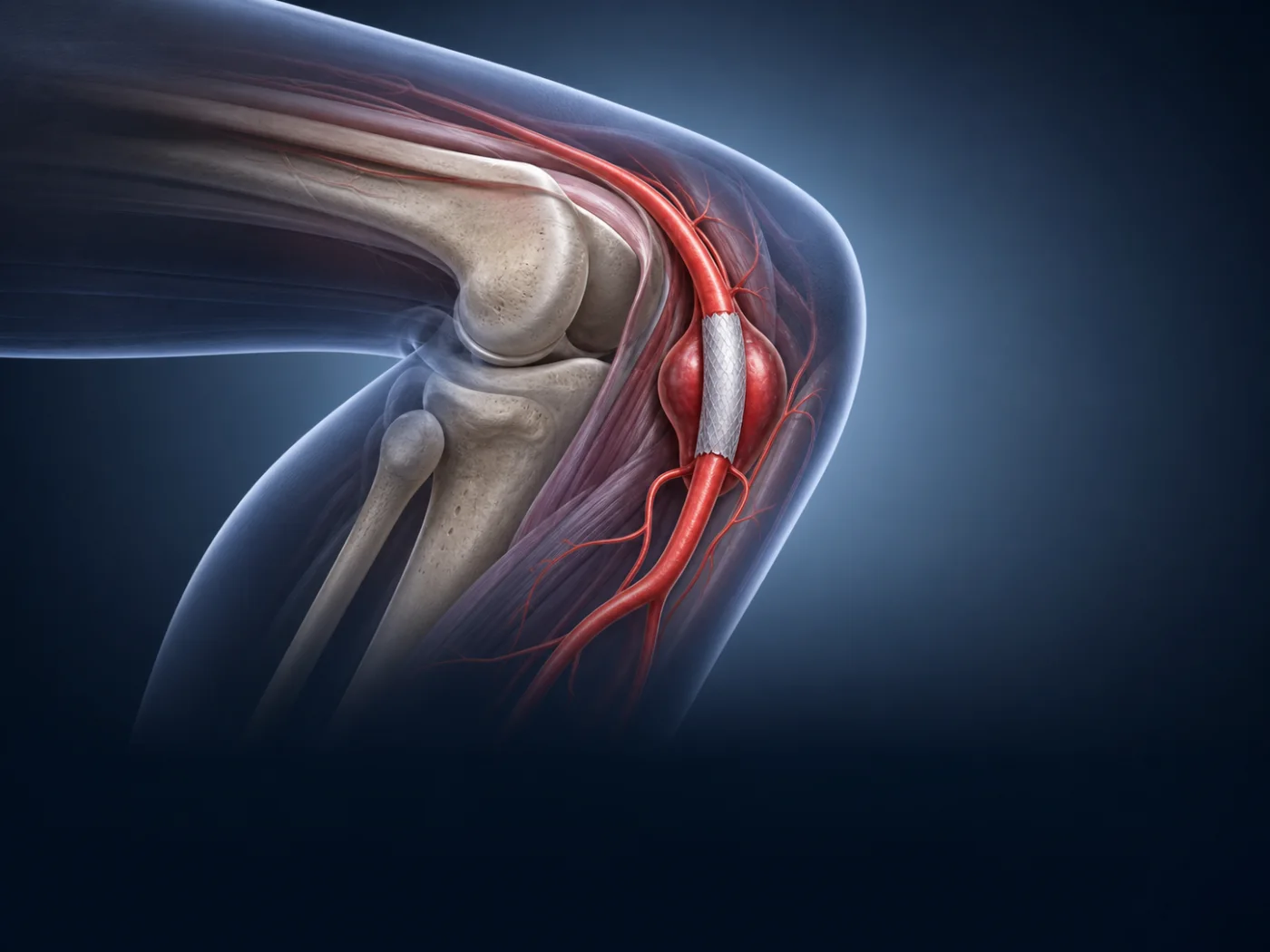 Stent-graft treating a popliteal artery aneurysm behind the knee