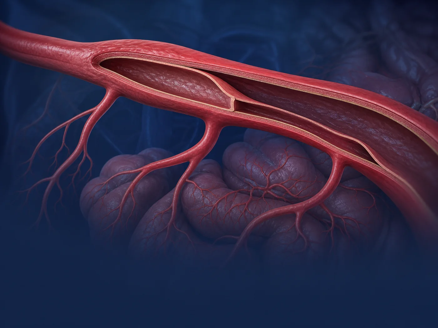 Cutaway view of an isolated visceral artery dissection
